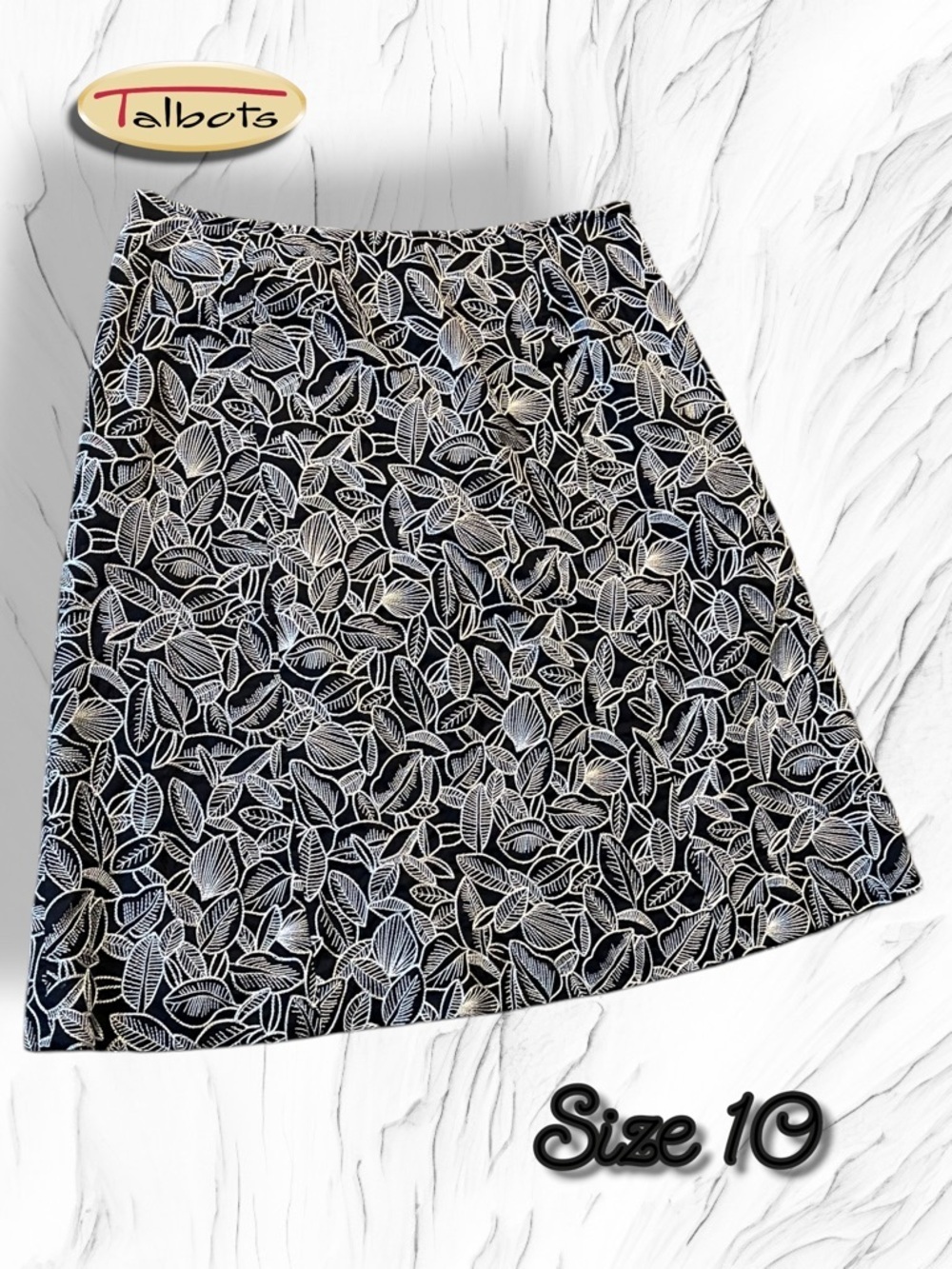 Talbots Black & White Embroidered Leaf-Cotton Print A-Line Skirt - Size 10